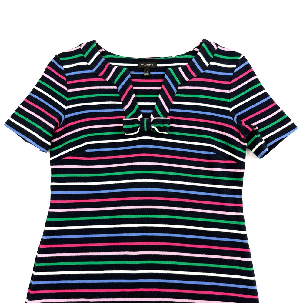Talbots Cotton Shirt Dress Colorful Striped Dress Short Sleeve Bow V-neck - Picture 2 of 6